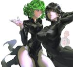  1boy 2girls absurdres bald black_dress black_hair breasts commentary_request dress fubuki_(one-punch_man) green_eyes green_hair highres large_breasts multiple_girls narrow_waist one-punch_man saitama_(one-punch_man) shirt siblings simple_background sisters small_breasts t-shirt tatsumaki turtleneck turtleneck_dress uu0000322 white_background 