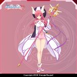  1girl bare_legs bare_shoulders breasts cleavage cleavage_cutout clothing_cutout copyright_name detached_sleeves dress en_ciel_rena en_ciel_rena_(magius) full_body gloves hat head_wings holding holding_staff kourin_tenshi_en_ciel_rena long_hair looking_at_viewer magical_girl medium_breasts official_art pink_background pink_eyes pink_hair red_eyes saitou_natsuki shoes skirt solo staff standing suhamaya thigh_gap tomoe_rena white_gloves wide_sleeves wings 