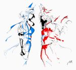  2girls abstract absurdres admire_groove_(umamusume) animal_ears blue_eyes blue_hair breasts closed_mouth ear_covers ear_ribbon eye_contact face-to-face hair_ornament highres horse_ears horse_girl limited_palette looking_at_another multiple_girls parted_lips partially_colored profile red_eyes ringring_(artist) simple_background still_in_love_(umamusume) umamusume veil white_background 