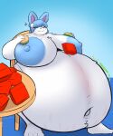  ambiguous_gender anthro areola bangs belly big_belly big_breasts blue_areola blue_body blue_fur blue_hair blue_nipples bow_ribbon breasts burger crumbs eating eating_food eeveelution eyes_closed feet fluffy_ears food fur generation_6_pokemon hair happy hi_res huge_belly huge_breasts hyper hyper_pregnancy mcerror nintendo nipples onomatopoeia pokemon pokemon_(species) pregnant rumbling_stomach smile solo sound_effects stretch_marks sylveon text white_body white_fur 