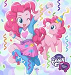  blue_eyes boots breasts clothed clothing cutie_mark duo equestria_girls equine female feral friendship_is_magic fur hair horse human humanized jumping mammal my_little_pony party pink_fur pink_hair pink_skin pinkie_pie_(eg) pinkie_pie_(mlp) pony size_difference skirt smile square_crossover standing teeth uotapo 
