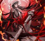  1girl black_hair bridal_veil chinese_commentary closed_mouth commentary highres holding holding_sword holding_weapon japanese_clothes katana kimono limbus_company long_hair long_sleeves project_moon qiujia red_eyes ryoshu_(project_moon) see-through_clothes shiromuku solo string string_of_fate sword uchikake veil wataboushi weapon white_kimono wide_sleeves 