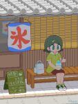  >_< 1girl :3 animated animated_gif aqua_eyes bag bench brain_freeze brown_skirt drawstring eating food green_shirt grey_hair highres holding holding_spoon hooded_shirt kawawagi original pixel_art shaved_ice shirt shoes short_sleeves sitting skirt solo spoon white_bag 
