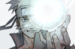 1boy black_headband blonde_hair blue_eyes commentary_request energy_ball facial_mark forehead_protector headband highres male_focus naruto_(series) naruto_shippuuden notane_n portrait rasengan smile solo uzumaki_naruto whisker_markings 