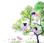  3girls archived_source black_hair blush bucket dress fairy_wings flower full_body grass hair_bun half_updo holding holding_bucket holding_paint_roller holding_paintbrush jung_han-na leaf lowres multiple_girls negative_space orange_dress original paint_can paint_roller paintbrush pink_dress red_flower short_dress short_twintails simple_background swept_bangs tree twintails white_background wings yellow_flower 