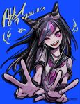  1girl black_hair black_nails black_sailor_collar blue_background blue_hair blue_streaks blush collared_shirt commentary_request cropped_torso danganronpa_(series) danganronpa_2:_goodbye_despair dated ear_piercing elbow_gloves eyelashes face_piercing fingerless_gloves fingernails foreshortening gloves hair_horns highres kkadeug_(kgkg9388) long_hair mioda_ibuki mouth_piercing multicolored_hair nail_polish neckerchief one_eye_closed open_mouth piercing pink_eyes pink_hair pink_neckerchief pink_streaks sailor_collar scrunchie shirt short_sleeves simple_background single_elbow_glove single_fingerless_glove smile solo star_(symbol) streaked_hair striped_clothes striped_gloves teeth third-party_source v w white_hair white_shirt wrist_scrunchie 