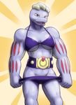  bikini breasts clothed clothing fangs female looking_at_viewer machoke muscles muscular_female nintendo pok&#233;mon pok&eacute;mon purple_skin red_eyes skimpy smile solo swimsuit threadandclaws tight_clothing undressing video_games 
