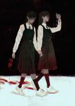  2girls absurdres black_dress black_hair black_ribbon black_socks blood bloody_footprints chainsaw_man collared_shirt dog_tags domiiomii dress flower fourth_east_high_school_uniform grabbing_another&#039;s_hand highres holding holding_flower long_hair long_sleeves mitaka_asa multiple_girls neck_ribbon pinafore_dress red_flower ribbon scar scar_on_face scar_on_nose school_uniform shirt sleeveless sleeveless_dress socks white_shirt yoru_(chainsaw_man) 