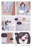 2025 anthro appliance black_hair breasts canid canine canis clothed clothes_basket clothing comic comic_panel detergent domestic_dog door door_handle doorknob female footwear hair hi_res husky inner_thoughts laundry laundry_machine mammal markings miranda_(woofyrainshadow) mole_(marking) musical_symbol nordic_sled_dog pajamas pink_eyes polka_dot_pants polka_dots siberian_husky socks solo speech_bubble spitz stairs symbol washing_machine whistling woofy_(woofyrainshadow) woofyrainshadow