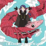  1girl black_cape black_dress black_gloves blue_sky cape chainsaw_man closed_mouth cloud cloudy_sky dress gloves highres long_hair monster moray_eel_devil_(chainsaw_man) outstretched_arms pinafore_dress purple_hair scar scar_on_cheek scar_on_face scar_on_nose shirt sky sleeveless sleeveless_dress usuki_(edd3a1usuki) white_shirt yellow_eyes yoru_(chainsaw_man) 