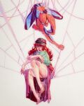  1boy 1girl absurdres black_hat blue_bodysuit bodysuit closed_mouth commentary english_commentary full_body green_eyes hat highres levidu99 long_hair marvel mary_jane_watson multicolored_bodysuit red_bodysuit red_hair silk smile spider-man spider-man_(series) spider_web spider_web_print two-tone_bodysuit 