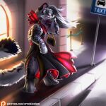 bracelet clothing dress errokioslem felid female feral full-length_portrait fur gold_(metal) gold_jewelry green_eyes grey_body grey_fur hi_res jewelry looking_at_object mammal on_hind_legs pantherine pink_nose portrait purse snow_leopard solo street street_sign three-quarter_view