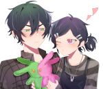  1boy 1girl absurdres aged_down ahoge andrew_graves ashley_graves black_camisole black_hair blush breasts bright_pupils brother_and_sister brown_jacket camisole closed_mouth collarbone collared_jacket commentary double-parted_bangs english_commentary eye_contact frown green_eyes grey_shirt hair_between_eyes hair_ornament hair_scrunchie half-closed_eyes hands_up heart highres holding holding_stuffed_toy jacket jewelry jitome long_sleeves looking_at_another necklace one_eye_closed open_clothes open_jacket pink_eyes plaid_clothes plaid_jacket ponytail pout scrunchie shirt short_hair short_ponytail siblings silver_necklace simple_background sleeves_past_wrists small_breasts striped_clothes striped_shirt stuffed_animal stuffed_rabbit stuffed_toy sweatdrop tantantan21 the_coffin_of_andy_and_leyley thick_eyebrows two-tone_shirt upper_body v-shaped_eyebrows white_background white_pupils white_scrunchie 