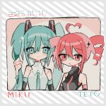  2girls ahoge aqua_eyes aqua_hair bare_shoulders character_name dated detached_sleeves drill_hair hatsune_miku heart heart_ahoge highres holding holding_own_hair kasane_teto long_hair looking_at_viewer multiple_girls okashira_moppu red_eyes red_hair shirt sleeveless sleeveless_shirt twin_drills twintails upper_body utau vocaloid 