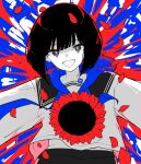  1girl :d absurdres black_hair black_skirt blue_background drawstring flower grey_eyes highres hood hood_down long_sleeves looking_at_viewer multicolored_hair original osisio petals purple_hair red_flower shirt simple_background skirt smile solo sunflower two-tone_hair white_shirt 