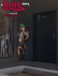 2025 absurd_res alley anthro biped bottomwear brown_body brown_fur cigarette clothing digital_media_(artwork) digitigrade door fishnet_clothing fishnet_tank_top fishnet_topwear fur gene_(kloogshicer) green_eyes green_hair hair hi_res holding_cigarette holding_object hyena lizardlars male male_anthro mammal markings mohawk multicolored_body multicolored_fur outside paws shorts solo spots spotted_body spotted_fur spotted_hyena tan_body tan_fur topwear vest