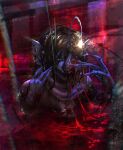  1boy :d anglerfish_boy black_hair blood blood_from_forehead blue_eyes catnip_cataria close-up distortion extra_eyes fingernails fins glitch glitch_art grin hands_up hashtag-only_commentary head_fins highres horror_(theme) long_fingernails male_focus open_mouth partially_submerged pool_of_blood pressure_(roblox) scarf sebastian_solace sharp_teeth short_hair smile solo teeth upper_body 