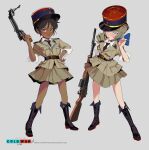  2girls absurdres artist_name blue_eyes bolt_action cigarette cold_war english_commentary french_army gun hat highres holding holding_weapon josephine_leclerc kepi looking_at_viewer manurhin_mr73 mas-36 military military_hat military_uniform multiple_girls necktie nico_jiang original pleated_skirt police police_uniform policewoman polilla revolver rifle scope skirt sleeves_rolled_up we_love_cold_war weapon yvette_de_castelnau 