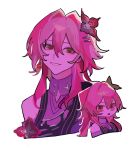  1girl absurdres backlighting black_dress clothing_cutout collared_dress colored_skin dress earrings empty_eyes evernight_(honkai:_star_rail) flower flower_ornament hair_between_eyes hair_flower hair_ornament hairclip hashtag-only_commentary highres honkai:_star_rail honkai_(series) jewelry long_hair low_twintails march_7th_(honkai:_star_rail) multiple_views official_alternate_costume official_alternate_hairstyle pink_hair pink_skin purple_dress red_eyes red_flower selvha shoulder_cutout sidelocks simple_background single_bare_shoulder single_earring smile teeth twintails two-tone_dress upper_body white_background 