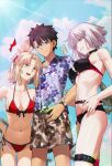 !? 1boy 2girls ahoge bikini black_bikini black_hair blonde_hair blue_eyes blue_sky breasts cleavage commentary english_commentary fate/grand_order fate_(series) fujimaru_ritsuka_(male) fujimaru_ritsuka_(male)_(tropical_summer) green_eyes grey_hair hawaiian_shirt highres jeanne_d'arc_alter_(fate) jeanne_d'arc_alter_(swimsuit_berserker)_(fate) longdq3008 medium_breasts mordred_(fate) mordred_(swimsuit_rider)_(fate) multiple_girls navel official_alternate_costume outdoors red_bikini shirt short_hair sky small_breasts stomach sweatdrop swimsuit takeuchi_takashi_(style) yellow_eyes 
