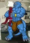  anthro balls biceps big_muscles blue_skin bulge claws dinosaur duo extreme_dinosaurs grin gripping haxx_(extreme_dinosaurs) holding horn hyper male muscles pecs pose rackun raptor reptile sauropod scales scalie size_difference skin smile spike_(extreme_dinosaurs) standing theropod toe_claws toned topless triceratops 