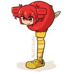  1girl absurdres animalization artist_name bird bird_tail birdbrain_(synthesizer_v) closed_mouth commentary crocs drill_hair english_commentary feathers hair_between_eyes highres kasane_teto kasane_teto_(sv) looking_afar looking_ahead missing_limb nattydodo_002 pantyhose photo-referenced red_bird red_eyes red_feathers red_hair shadow shoes shorts signature smile solo standing standing_on_one_leg striped_clothes striped_pantyhose synthesizer_v tail twin_drills v-shaped_eyebrows white_background yellow_pantyhose yellow_shoes yellow_shorts 