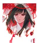  1girl black_hair blood blood_from_eyes blood_on_face bridal_veil commentary crying crying_with_eyes_open flower highres japanese_clothes kimono limbus_company long_hair looking_at_viewer open_mouth project_moon red_eyes ryoshu_(project_moon) shiromuku simple_background solo spider_lily symbol-only_commentary tears uchikake veil wataboushi white_background white_kimono zero_letter 