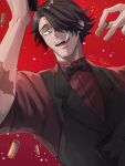  1boy absurdres arm_tattoo beard_stubble black_eyes black_hair black_vest bow bowtie bullet cigarette facial_hair hair_over_one_eye highres hiiro_gekka holding holding_bullet mature_male mouth_hold mustache_stubble red_background red_shirt sanda_(itagaki_paru) shell_casing shirt simple_background solo stubble tattoo traditional_bowtie vest yagyuda_saburou 