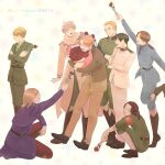  6+boys absurdres ahoge america_(hetalia) arm_support arm_up armband axis_powers_hetalia baggy_pants bandaged_leg bandages bazubi belt black_belt black_gloves black_hair black_necktie black_shoes blonde_hair blue_eyes blue_jacket blue_pants blush boots bouquet breast_pocket brown-framed_eyewear brown_belt brown_boots brown_coat brown_hair brown_jacket brown_pants brown_shoes buttons capelet china_(hetalia) closed_eyes closed_mouth coat collared_coat collared_jacket collared_shirt commentary_request cross crossed_arms dated english_text fingernails flower france_(hetalia) full_body fur-trimmed_jacket fur_trim germany_(hetalia) glasses gloves green_jacket green_necktie green_pants green_shirt grey_hair grey_shirt hand_on_own_chin hand_up happy happy_birthday highres holding holding_bouquet holding_flower iron_cross jacket japan_(hetalia) lapels leg_up long_hair long_sleeves looking_at_another low_ponytail male_focus military military_jacket military_uniform multiple_boys necktie northern_italy_(hetalia) open_clothes open_jacket open_mouth pants pocket ponytail puffy_long_sleeves puffy_sleeves purple_capelet purple_eyes purple_jacket red_armband red_flower red_pants red_rose rose russia_(hetalia) scarf semi-rimless_eyewear shirt shoes short_hair sitting sleeves_rolled_up smile squatting standing standing_on_one_leg star_(symbol) star_print star_symbol_background tearing_up teeth united_kingdom_(hetalia) v-shaped_eyebrows white_background white_jacket white_pants white_scarf 