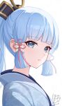  1girl arched_bangs blue_eyes blue_hair blue_kimono blunt_tresses commentary from_side genshin_impact high_ponytail highres hobio japanese_clothes kamisato_ayaka kimono long_hair looking_at_viewer looking_to_the_side parted_lips ponytail sidelocks simple_background solo upper_body very_long_hair white_background 