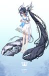  1girl absurdly_long_hair barefoot black_hair blue_background blue_eyes cable commission crab_claw dress fidgeting full_body gradient_background hair_between_eyes highres horns long_hair mechanical_tail original plantar_flexion pointy_ears sailor_collar skeb_commission solo tail tube twintails two-tone_background very_long_hair white_background white_dress white_sailor_collar zenmaibook 