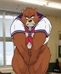  bear biceps big_muscles black_nose blush bottomless brown_fur caught clothing crossdressing embarrassed fur grizzly_bear juuichi juuichi_mikazuki looking_at_viewer male mammal morenatsu muscles shy solo tetsuooshiba uniform unknown_artist 