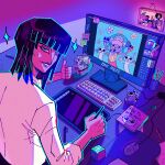  1girl absurdres afro black_hair blonde_hair blue_eyes blunt_bangs brook_(one_piece) commentary copyright_name english_commentary franky_(one_piece) going_merry heneryque highres holding indoors jaguar_d._saul jolly_roger looking_back medium_hair monkey_d._luffy mousepad_(object) nami_(one_piece) nico_robin one_eye_closed one_piece photo_(object) roronoa_zoro rubik's_cube sanji_(one_piece) shirt short_hair skeleton smile sparkle straw_hats_jolly_roger thumbs_up tony_tony_chopper usopp white_shirt 