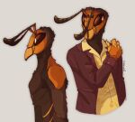 2025 antennae_(anatomy) anthro arthropod asian_hornet black_body black_exoskeleton blazer claws clip_studio_paint_(artwork) clothed clothing collared_shirt compound_eyes digital_drawing_(artwork) digital_media_(artwork) exoskeleton female_(lore) finger_claws grey_background gunwasp half-length_portrait hornet hymenopteran insect male mandibles multiple_poses orange_body orange_exoskeleton portrait pose shaded shirt simple_background solo topwear vespid wasp yellow_clothing yellow_shirt yellow_topwear