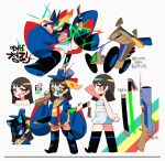  1girl absurdres blonde_hair bloomers blue_skirt blush_stickers boots car chest_sarashi chunggil_(djmax) djmax dot_nose drawing_sword eyeshadow fang flat_chest gat_(hat) glowing glowing_sword glowing_weapon gun hamma hat highres holding holding_gun holding_sword holding_weapon knee_boots korean_text laser_sight long_hair looking_at_viewer makeup mask motor_vehicle multicolor-tinted_eyewear multiple_views open_mouth pommel_charm red_eyeshadow reference_sheet round_eyewear sarashi scabbard sheath sideways_glance skirt smile sparkle sword tinted_eyewear trigger_discipline weapon white_background wide_sleeves 