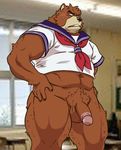  balls bear biceps big_muscles black_nose blush bottomless brown_fur clothing crossdressing fur grizzly_bear juuichi juuichi_mikazuki male mammal morenatsu muscles penis solo standing tetsuooshiba uniform unknown_artist 