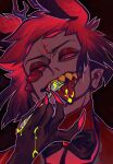 absurd_res alastor_(hazbin_hotel) animal_humanoid batoo_j blood blood_on_fork blood_on_tongue bodily_fluids clothed clothing colored_blood deer deer_humanoid demon demon_humanoid eyewear hazbin_hotel hellaverse hi_res humanoid male mammal mammal_humanoid monocle sharp_teeth solo teeth tongue tongue_out unusual_blood unusual_bodily_fluids yellow_blood