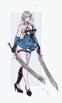  1girl absurdres bandaged_arm bandaged_leg bandaged_neck bandages black_gloves black_shoes blue_negligee blue_sleeves border braid braided_hair_rings breasts brown_eyes cleavage closed_mouth detached_sleeves dual_wielding falling_petals flower full_body gloves grey_background grey_hair hair_flower hair_ornament hair_rings high_heels highres holding holding_sword holding_weapon kaine_(nier) light_smile looking_at_viewer medium_breasts nier_(series) panties petals robasarel shoes single_bare_shoulder single_sidelock solo sword thigh_strap underboob underwear weapon white_border white_flower white_panties white_petals 