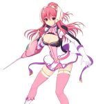  1girl boots breasts cleavage cleavage_cutout clothing_cutout dress en_ciel_rena en_ciel_rena_(sin) game_cg gloves hair_between_eyes hair_ornament holding holding_weapon kourin_tenshi_en_ciel_rena lance large_breasts large_variant_set long_hair long_sleeves looking_at_viewer non-web_source official_art pink_hair pink_skirt pink_thighhighs polearm ponytail red_eyes red_hair saitou_natsuki short_dress skirt solo suhamaya thighhighs tomoe_rena transparent_background variant_set weapon white_gloves zettai_ryouiki 