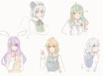  5girls :q alternate_costume animal_ears black_bow black_bowtie black_hairband black_vest blonde_hair blue_eyes bow bowtie braid carin_(c_arin1012) closed_mouth collared_shirt commentary_request detached_sleeves finger_to_mouth frog_hair_ornament green_bow green_bowtie green_eyes green_hair green_vest grey_hair hair_bow hair_ornament hair_tubes hairband highres hitodama izayoi_sakuya kirisame_marisa kochiya_sanae konpaku_youmu konpaku_youmu_(ghost) long_hair looking_at_viewer maid maid_headdress multiple_girls necktie no_headwear one_eye_closed open_mouth purple_hair rabbit_ears rabbit_girl red_eyes red_necktie reisen_udongein_inaba shirt shushing side_braid single_braid single_hair_tube smile snake_hair_ornament sweater_vest tongue tongue_out touhou vest white_bow white_shirt yellow_eyes yellow_sweater_vest 