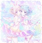  2girls angel angel_wings animal_ears bare_shoulders blue_eyes blue_hair cheek-to-cheek cowboy_shot dress feathered_wings halo heads_together highres holding_hands kousagi looking_at_viewer melting_halo multiple_girls original pink_hair purple_eyes rabbit_ears rabbit_girl rabbit_tail short_dress signature sleeveless sleeveless_dress tail thighhighs white_wings wings wrist_cuffs 
