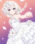  1girl assault_lily bare_shoulders blue_eyes blush braid breasts bride closed_mouth commentary_request commission cowboy_shot dress dress_flower dutch_angle elbow_gloves floating_hair flower frilled_dress frills gloves gradient_background grey_hair hair_flower hair_ornament hand_on_own_chest hands_up highres jewelry lace-up_gloves long_hair looking_at_viewer low_twin_braids low_twintails official_alternate_costume official_alternate_hairstyle orange_background piatin purple_background reaching reaching_towards_viewer ring shiozaki_suzume single_bare_arm single_elbow_glove skeb_commission small_breasts solo standing strapless strapless_dress twin_braids twintails two-tone_background wedding_dress white_flower white_gloves 