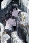  2boys absurdres black_hair black_shirt capelet commentary_request gold_trim hand_on_another's_face hayu_beck head_on_head head_rest head_tilt highres kim_dokja korean_commentary lace looking_at_another male_focus multiple_boys omniscient_reader's_viewpoint parted_lips see-through_body shirt short_hair skeleton snake spine white_snake yoo_joonghyuk 
