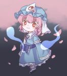  1girl black_shoes blue_hat blue_kimono blush butterfly-shaped_pupils carin_(c_arin1012) chibi chibi_only closed_mouth commentary falling_petals frilled_kimono frills full_body hashtag-only_commentary hat highres hitodama japanese_clothes kimono long_sleeves looking_at_viewer mob_cap petals pink_eyes pink_hair pink_petals saigyouji_yuyuko shoes sleeve_garter smile socks solo symbol-shaped_pupils touhou triangular_headpiece white_socks wide_sleeves 