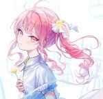  1other absurdres aegyo_sal akiyama_mizuki arm_at_side blurry blurry_background blush bow closed_mouth collared_dress dress drill_hair drill_ponytail drill_sidelocks flower from_side hair_bow hair_flower hair_ornament hand_up highres hodokenu_ashita_ni_te_wo_nobashite_(project_sekai) holding holding_flower light_smile long_hair long_sidelocks looking_at_viewer neck_flower neck_ribbon official_alternate_costume other_focus pink_eyes pink_hair pipi_(pipinavigation) project_sekai puffy_short_sleeves puffy_sleeves ribbon short_sleeves side_ponytail sidelocks solo tareme turning_head upper_body white_bow white_dress white_ribbon yellow_flower 