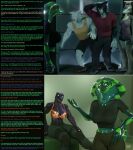 2023 3d_(artwork) anthro bethany_(thalarynth) black_body black_bottomwear black_clothing black_fur black_topwear bottomwear canid canine canis caption carmen_(thalarynth) clothed clothed_anthro clothed_female clothed_male clothing cobra cobra_(petruz) crocodile crocodile_(petruz) crocodilian dialogue digital_media_(artwork) duo english_text female first_person_view fur group hand_on_head hi_res jared_(thalarynth) kathy_(thalarynth) keith_(thalarynth) male mammal mind_control open_mouth page_number pupils red_clothing red_topwear reptile scalie sitting slit_pupils smile snake spiral spiral_eyes standing tail text thalarynth topwear tube white_body white_fur wolf wolf_(petruz) yellow_clothing yellow_topwear