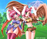  2000s_(style) 2girls :d animal_ears animal_on_arm artist_name ass_visible_through_thighs assassin_(ragnarok_online) belt belt_buckle bird bird_on_arm blue_leotard blue_sky breasts brown_gloves brown_panties brown_skirt buckle cleavage cloud commentary_request eagle elbow_gloves fake_animal_ears fingerless_gloves gloves green_belt green_eyes hairband highleg highleg_leotard holding_hands hunter_(ragnarok_online) interlocked_fingers legs_together leotard looking_at_viewer maki_(seventh_heaven_maxion) medium_breasts microskirt multiple_girls navel open_mouth outdoors panties pink_hair pink_thighhighs purple_eyes rabbit_ears ragnarok_online revision short_hair side_slit skirt sky smile standing thigh_gap thigh_strap thighhighs thighs tree underwear white_hairband 