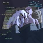 after_sex afterglow anon_(snoot_game) anthro arm_around_partner bald biped black_eyes blush cavemanon_studios colored cuddling dialogue dinosaur duo english_text female fingers freckled_arms freckled_face freckles hair half-closed_eyes happy hi_res human human_on_anthro humanoid_hands interspecies judee long_hair looking_at_another male male/female mammal narrowed_eyes nude nude_anthro nude_female nude_human nude_male pillow polish_text prehistoric_species puppet_pals purplekatsnek reptile romantic romantic_couple saurischian scalie shaded snoot_game talking_to_another text theropod troodon troodontid under_covers white_body white_hair yellow_sclera