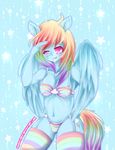  abstract_background anthro anthrofied blue_feathers blue_skin bra breasts cleavage clothed clothing cutie_mark equine feathers female friendship_is_magic hair horse kawaiiipoop legwear mammal multi-colored_hair my_little_pony nails navel open_mouth panties pegasus pink_eyes pony rainbow_dash_(mlp) rainbow_hair smile solo standing stockings thighs underwear wings 