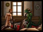  anthro argonian cat chubby dornus feline gay human human_on_anthro interspecies khajiit kneeling male mammal scalie sex the_elder_scrolls the_elder_scrolls_v:_skyrim video_games 